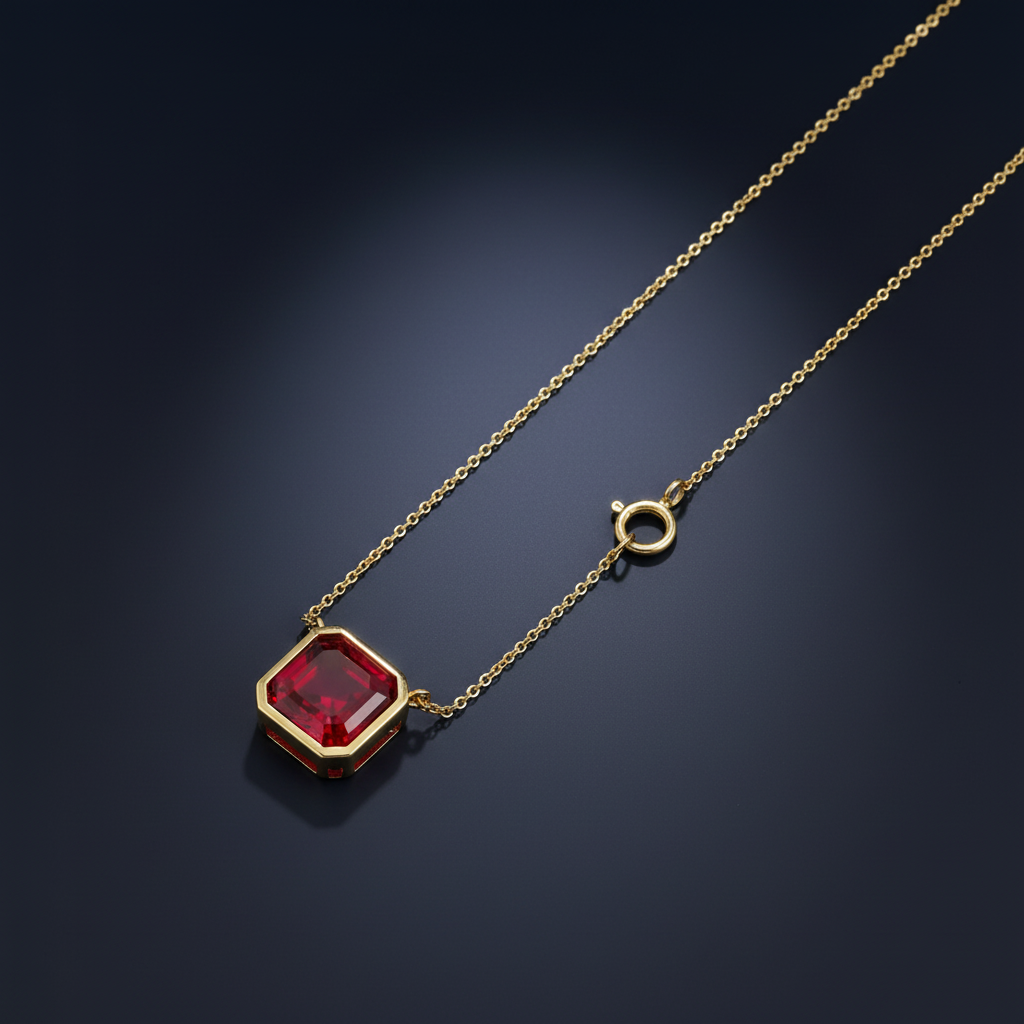 Naszyjnik rubin Pigeon Blood asscher 10K - widok łańcuszka