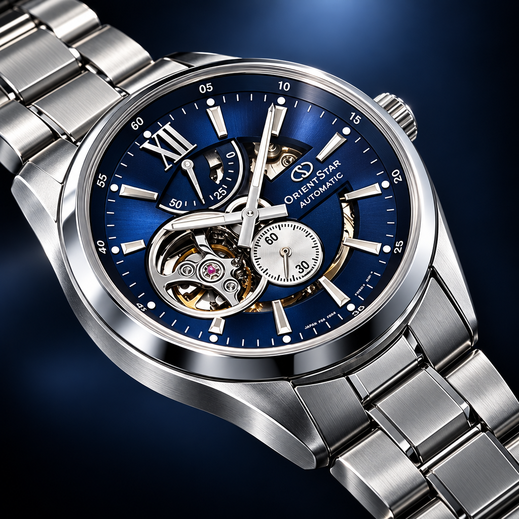 Orient Star Semi-Skeleton — tarcza z bliska