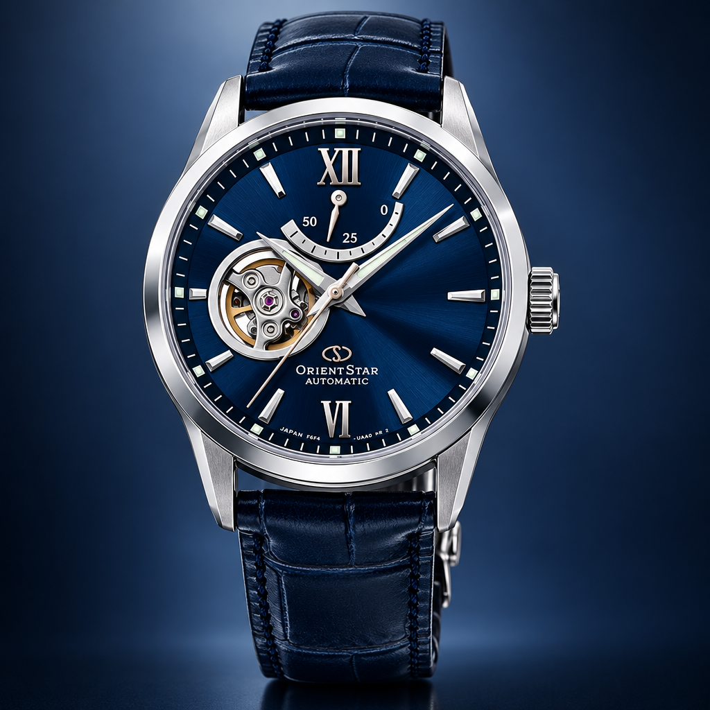 Orient Star Classic Semi-Skeleton - widok frontalny granatowa tarcza