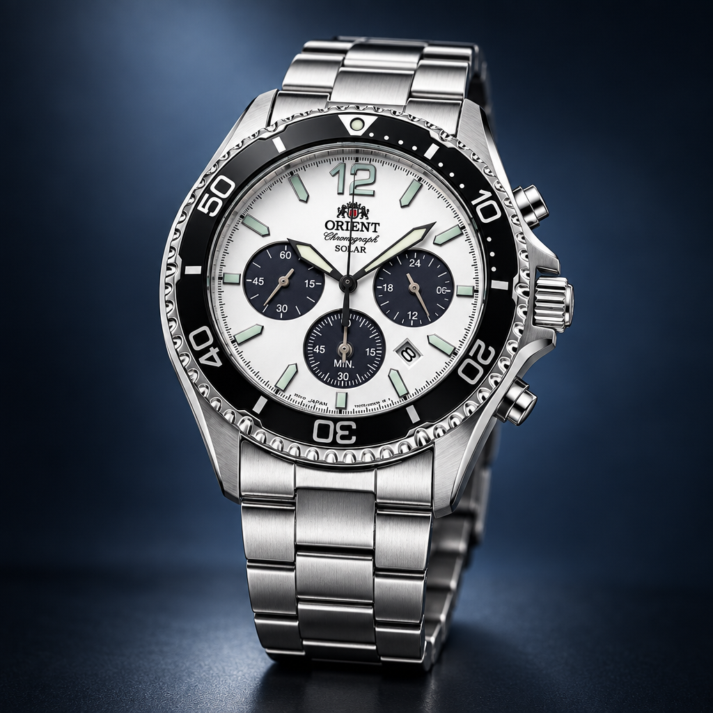 Orient Mako Solar Chronograph - biała tarcza, czarny bezel