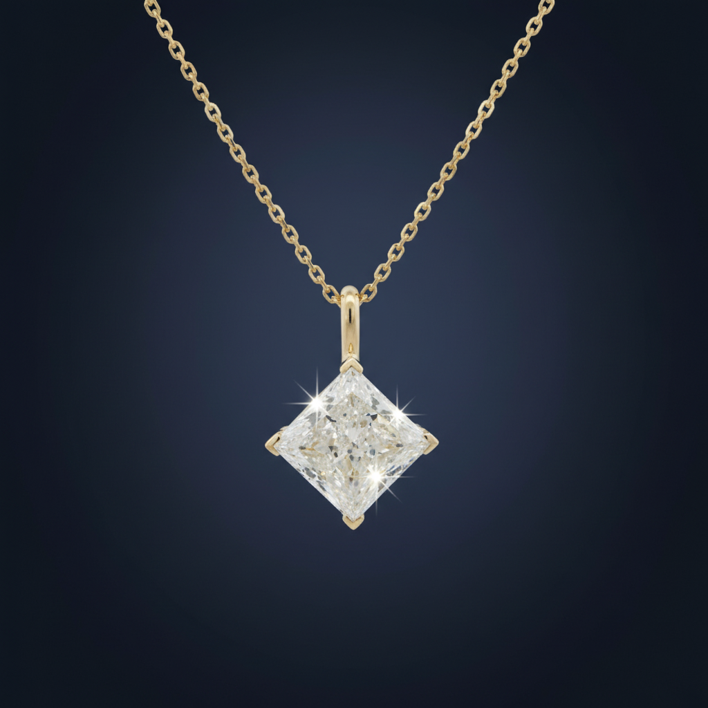 Naszyjnik solitaire princess 3.63ct 10K - widok frontalny