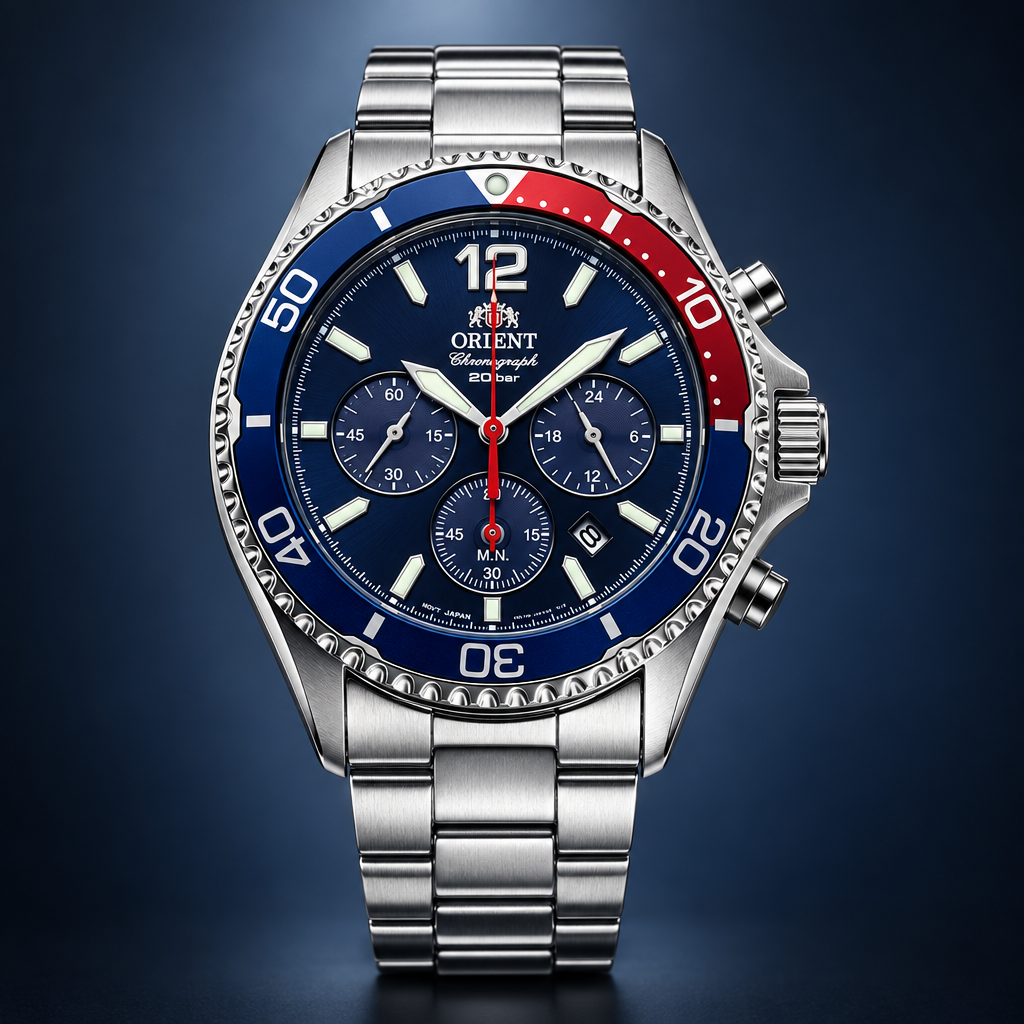 Orient Mako Solar Chronograph - granatowa tarcza, bezel Pepsi