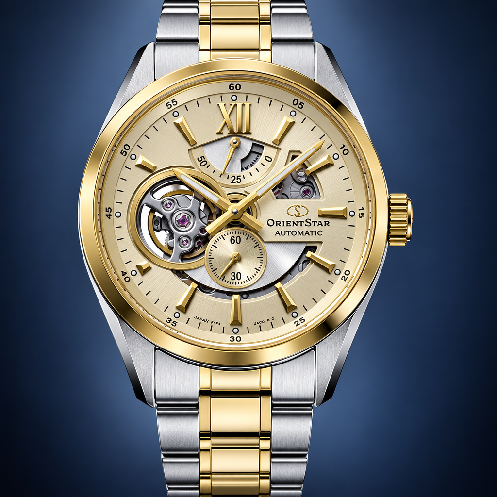 Orient Star Modern Skeleton - widok frontalny złoty bezel