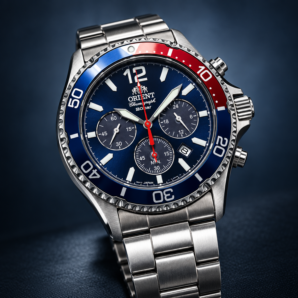 Orient Mako Solar Chronograph - bezel Pepsi na džinach