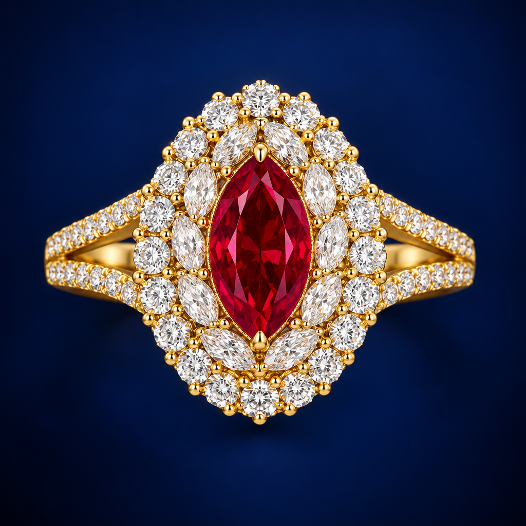 Pierścionek Halo Rubin - widok frontowy