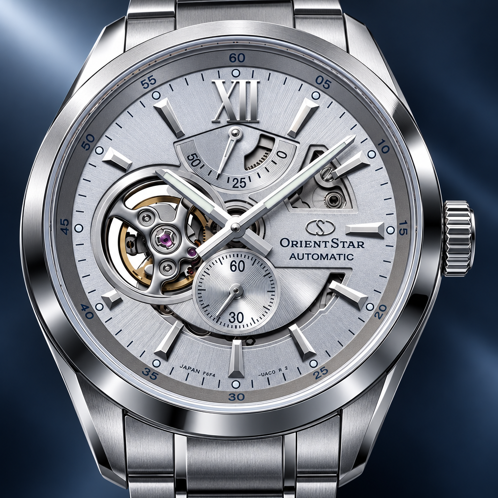 Orient Star Modern Skeleton Silver - zbliżenie tarczy górna część