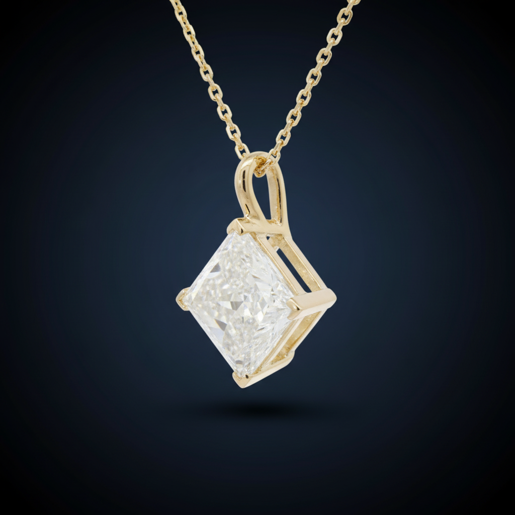 Naszyjnik solitaire princess 3.63ct 10K - widok boczny