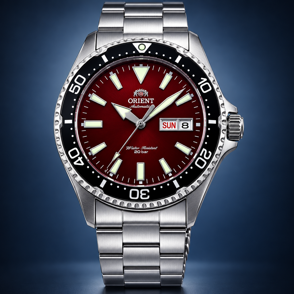 Orient Kamasu Diver - tarcza czerwona widok frontalny