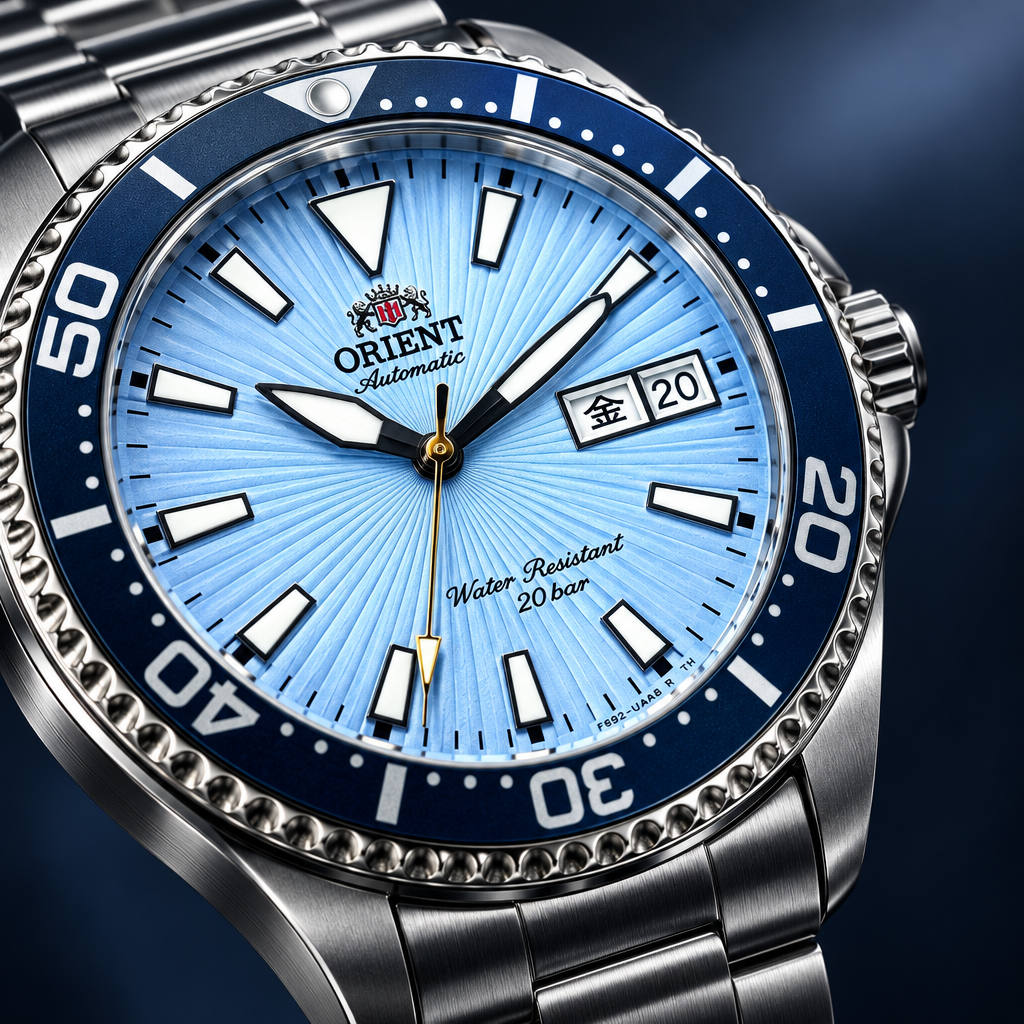 Orient Mako 75th Anniversary - primer plano de la tarcza azul