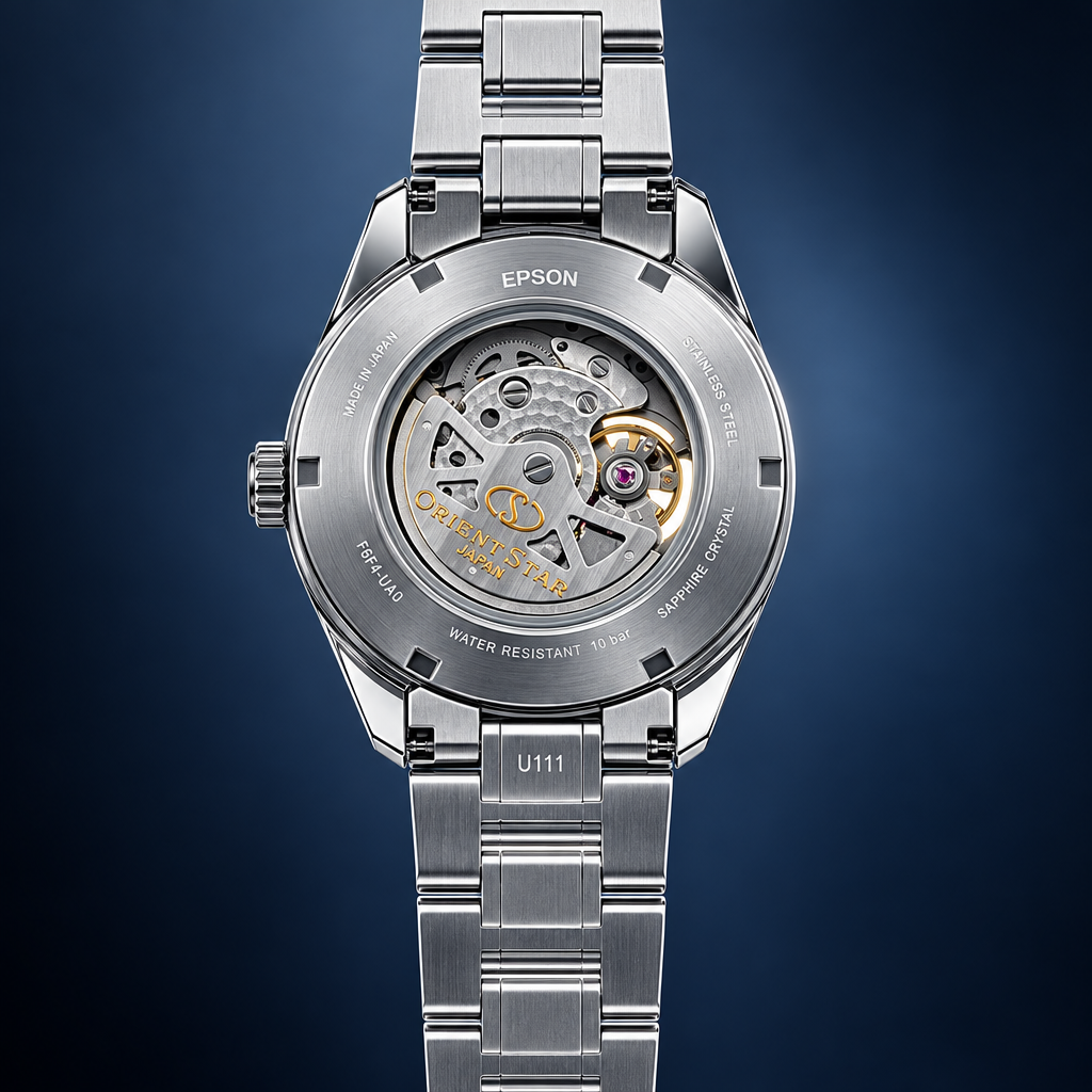 Orient Star Modern Skeleton Silver - caseback z mechanizmem
