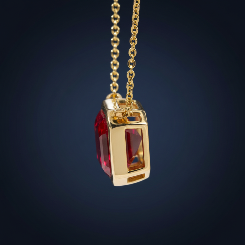 Naszyjnik rubin Pigeon Blood asscher 10K - widok boczny