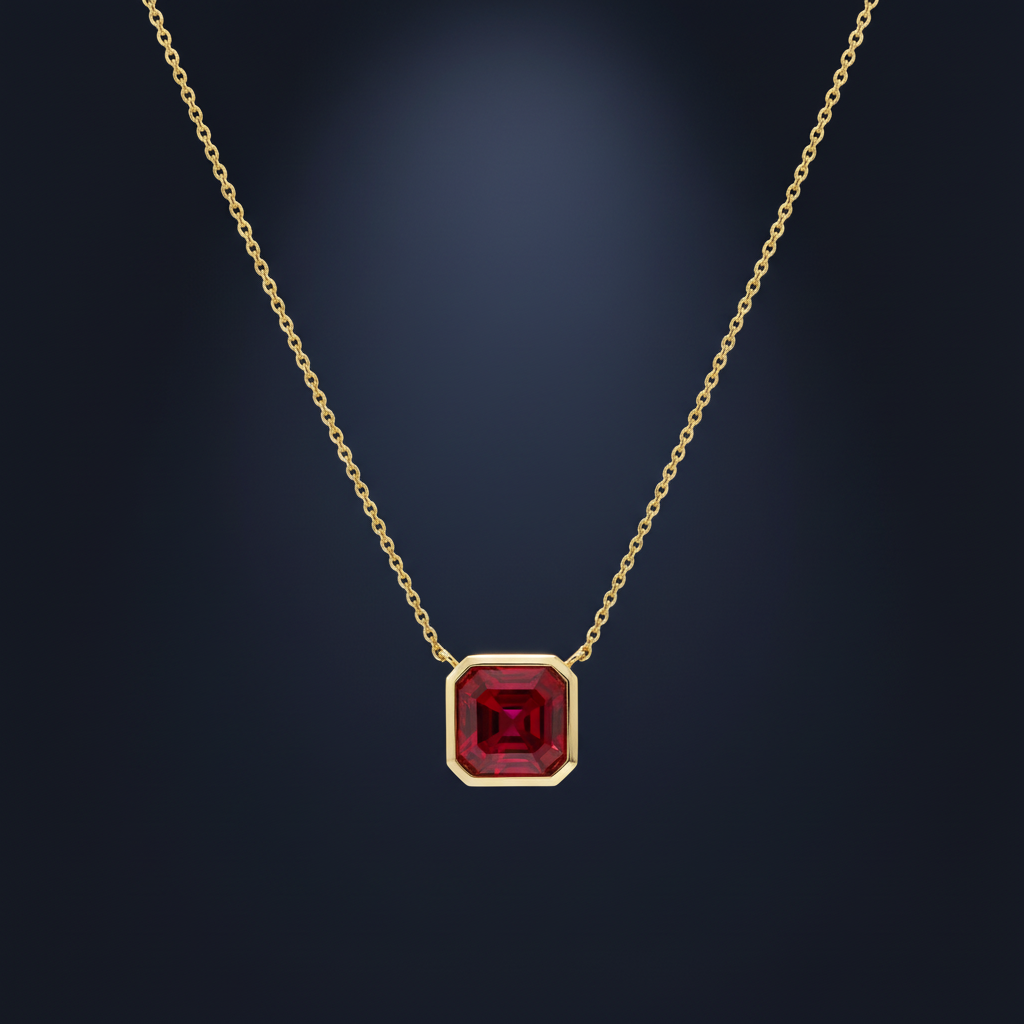 Naszyjnik rubin Pigeon Blood asscher 10K - widok frontalny