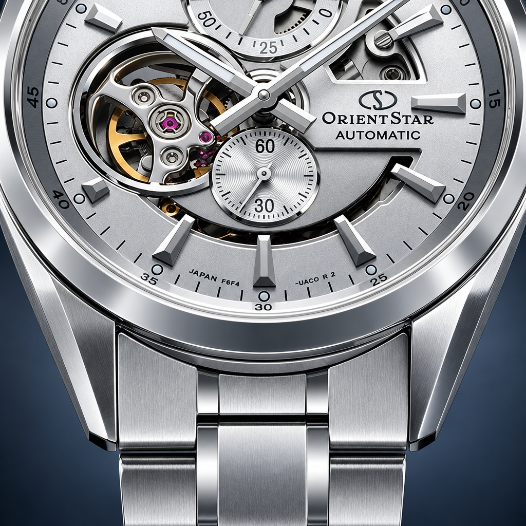 Orient Star Modern Skeleton Silver - zbliżenie tarczy dolna część
